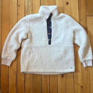 Calvin Klein women’s White Fleece Pullover with Navy Accents